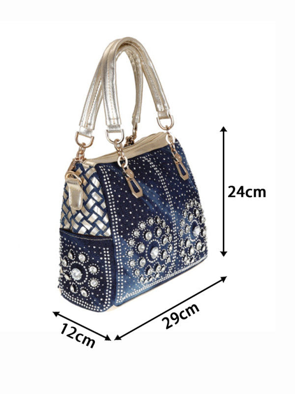 Handbags- Beaded Denim Crossbody Tote Bag with Golden Touch- - IndioGear Fashion and Gear