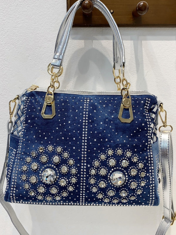 Handbags- Beaded Denim Crossbody Tote Bag with Golden Touch- - IndioGear Fashion and Gear