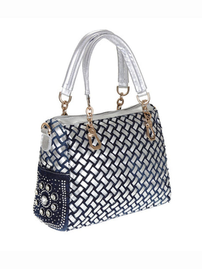 Handbags- Beaded Denim Crossbody Tote Bag with Golden Touch- - IndioGear Fashion and Gear