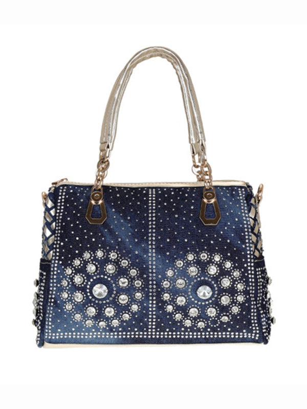 Handbags- Beaded Denim Crossbody Tote Bag with Golden Touch- - IndioGear Fashion and Gear