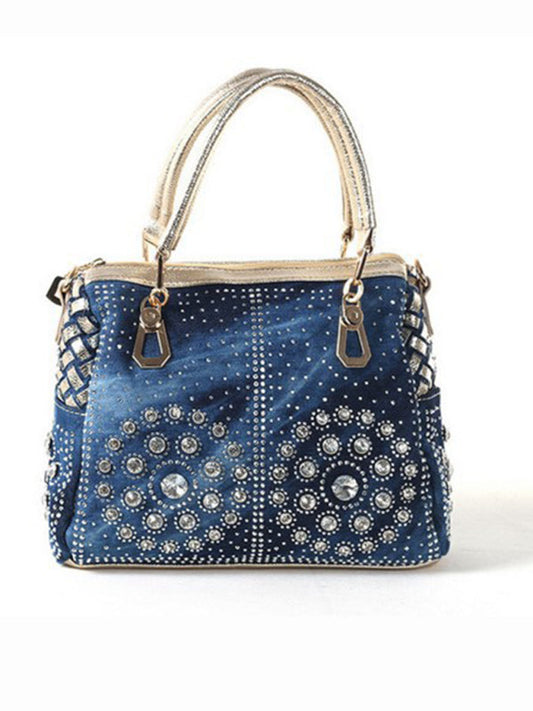 Handbags- Beaded Denim Crossbody Tote Bag with Golden Touch- Golden- IndioGear Fashion and Gear