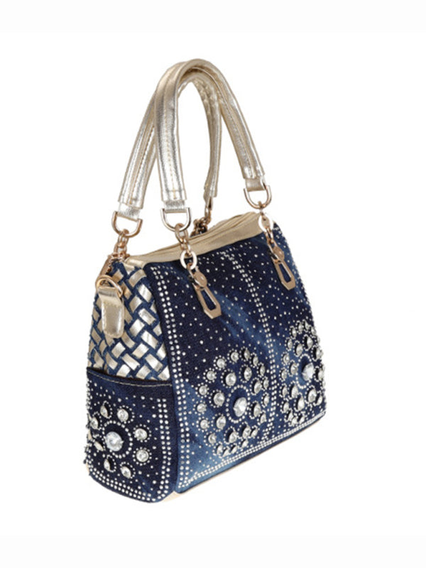 Handbags- Beaded Denim Crossbody Tote Bag with Golden Touch- - IndioGear Fashion and Gear