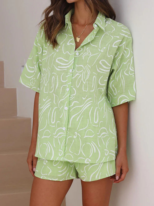 Hawaiian Outfits- Women's 2-Piece Hawaiian Shirt and Shorts Set for Summer- Green- IndioGear Fashion and Gear