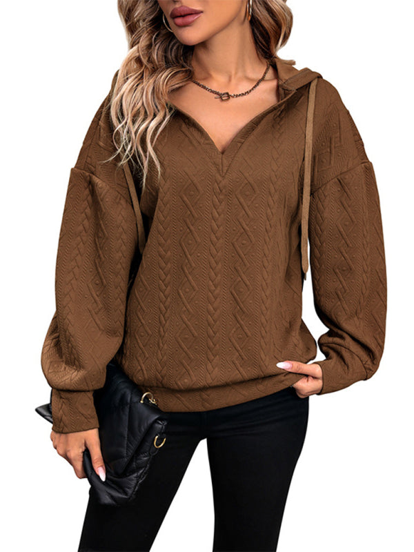 Hoodies- Autumn Cable Knit Drop Shoulder Hooded Sweatshirt- - IndioGear Clothing and Gear