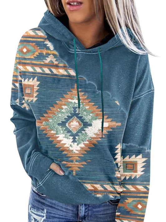 Hoodies- Aztec Print Hoodie - Hooded Neck, Kangaroo Pocket Sweatshirt- Blue- IndioGear Fashion and Gear