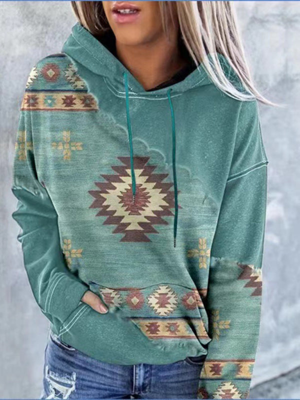 Hoodies- Aztec Print Hoodie - Hooded Neck, Kangaroo Pocket Sweatshirt- Green- IndioGear Fashion and Gear