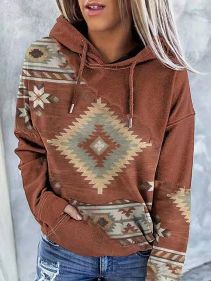 Hoodies- Aztec Print Hoodie - Hooded Neck, Kangaroo Pocket Sweatshirt- Coffee- IndioGear Fashion and Gear