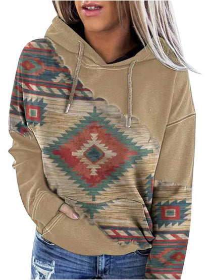 Hoodies- Aztec Print Hoodie - Hooded Neck, Kangaroo Pocket Sweatshirt- Khaki- IndioGear Fashion and Gear