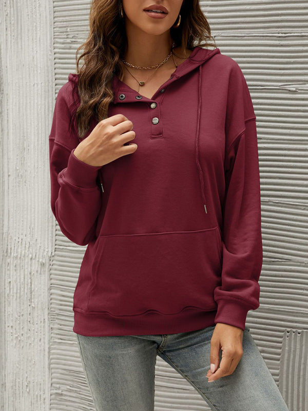 Hoodies- Button-Down Hoodie - Hooded Sweatshirt with Drop Shoulders- Wine Red- IndioGear Fashion and Gear