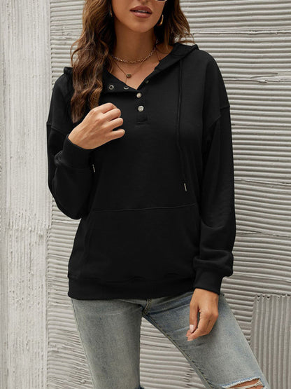 Hoodies- Button-Down Hoodie - Hooded Sweatshirt with Drop Shoulders- - IndioGear Fashion and Gear