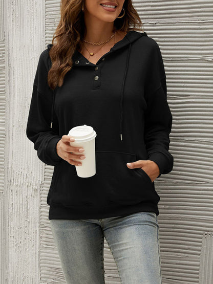 Hoodies- Button-Down Hoodie - Hooded Sweatshirt with Drop Shoulders- Black- IndioGear Fashion and Gear