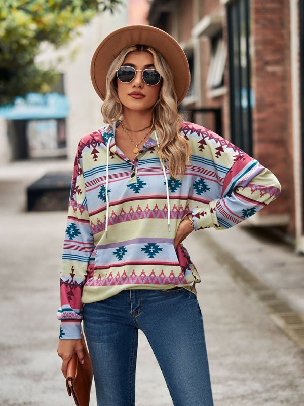 Hoodies- Cotton Aztec Sweatshirt - Hoodie Pullover- Pink- IndioGear Fashion and Gear