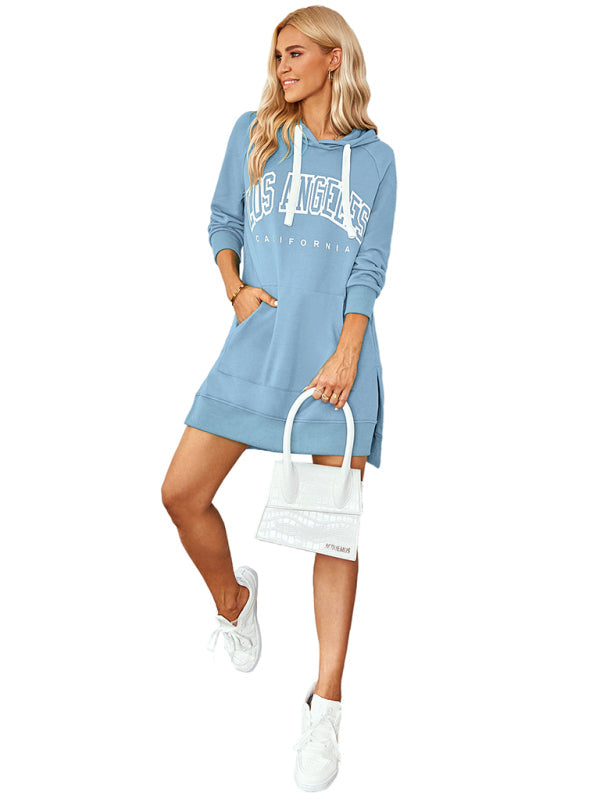 Hoodies-Hoodie Dress - Solid Mid-Length Sweatshirt with Kangaroo Pocket & Slits-Pekosa Women Clothing