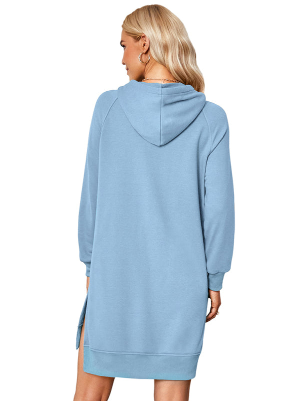 Hoodies-Hoodie Dress - Solid Mid-Length Sweatshirt with Kangaroo Pocket & Slits-Pekosa Women Clothing