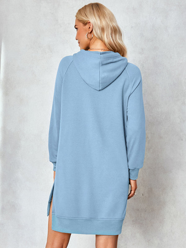 Hoodies-Hoodie Dress - Solid Mid-Length Sweatshirt with Kangaroo Pocket & Slits-Pekosa Women Clothing