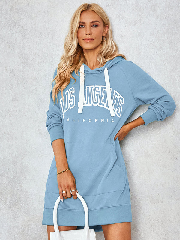 Hoodies-Hoodie Dress - Solid Mid-Length Sweatshirt with Kangaroo Pocket & Slits-Pekosa Women Clothing