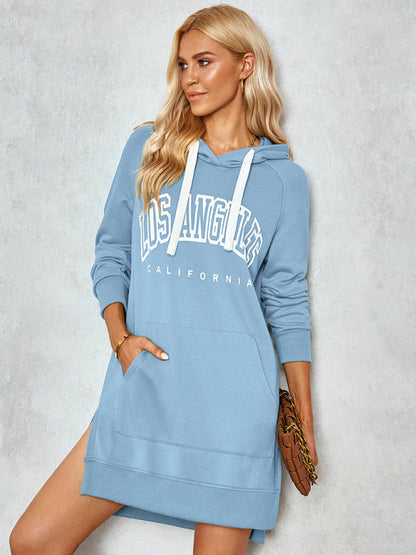 Hoodies-Hoodie Dress - Solid Mid-Length Sweatshirt with Kangaroo Pocket & Slits-Pekosa Women Clothing