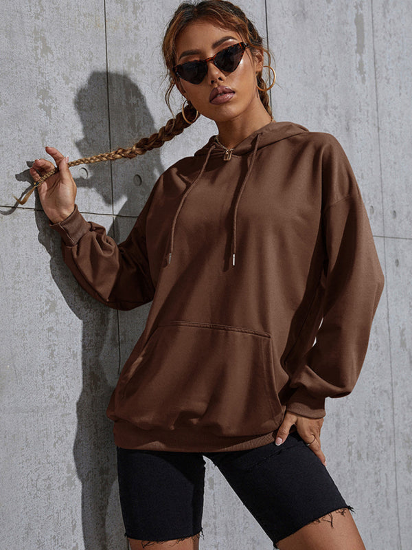 Hoodies- Kangaroo Pocket Cotton Sweatshirt - Long Sleeve Hoodie- Coffee- Pekosa Women Clothing