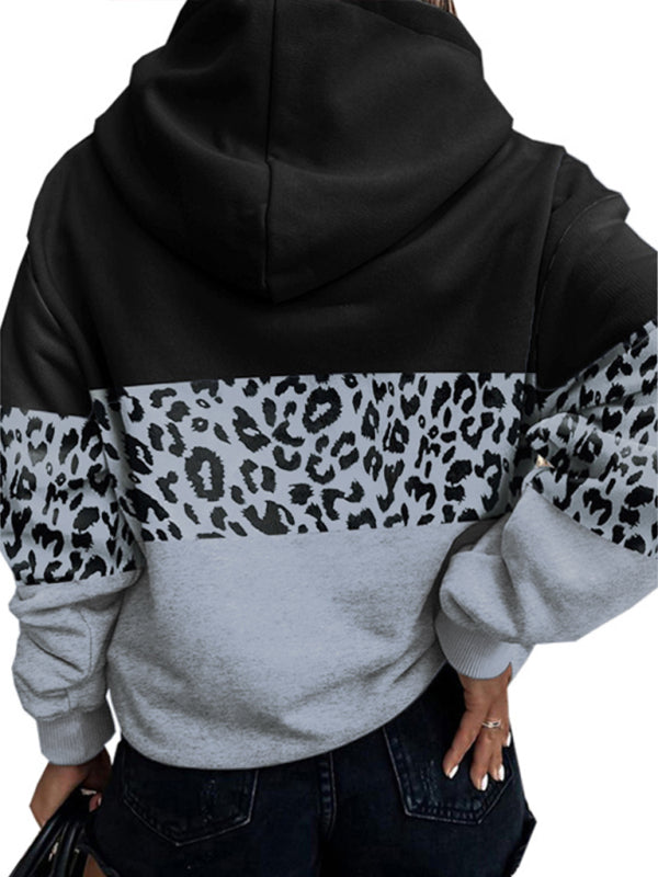 Hoodies- Leopard Print Patchwork Sweatshirt - Kangaroo Hoodie- - IndioGear Fashion and Gear