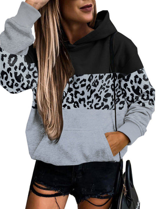 Hoodies- Leopard Print Patchwork Sweatshirt - Kangaroo Hoodie- Grey Panther- IndioGear Fashion and Gear