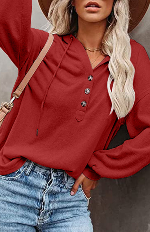 Hoodies- Oversized Cotton Blend Hoodie - Button-Down, Drop Shoulders Sweatshirt- Red- IndioGear Fashion and Gear