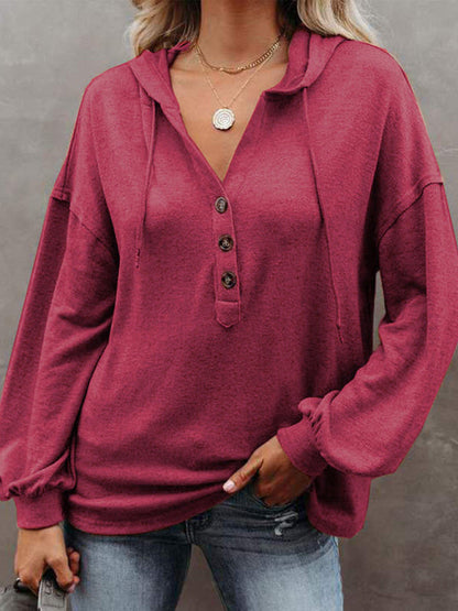 Hoodies- Oversized Cotton Blend Hoodie - Button-Down, Drop Shoulders Sweatshirt- Wine Red- IndioGear Fashion and Gear