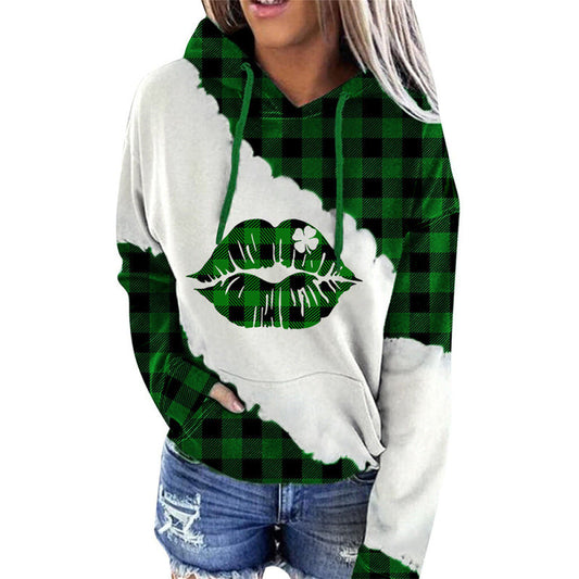 Hoodies- Plaid Saint Patrick's Day Hooded Sweatshirt with Lips Print- Green- IndioGear Fashion and Gear