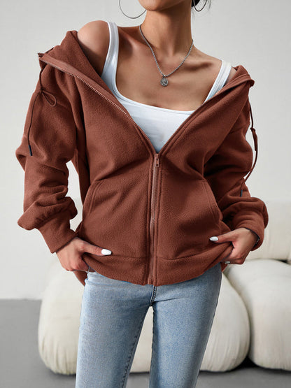 Hoodies- Plush Fleece Kangaroo Pockets Zip-Up Hoodie Jacket- Brown- IndioGear Fashion and Gear