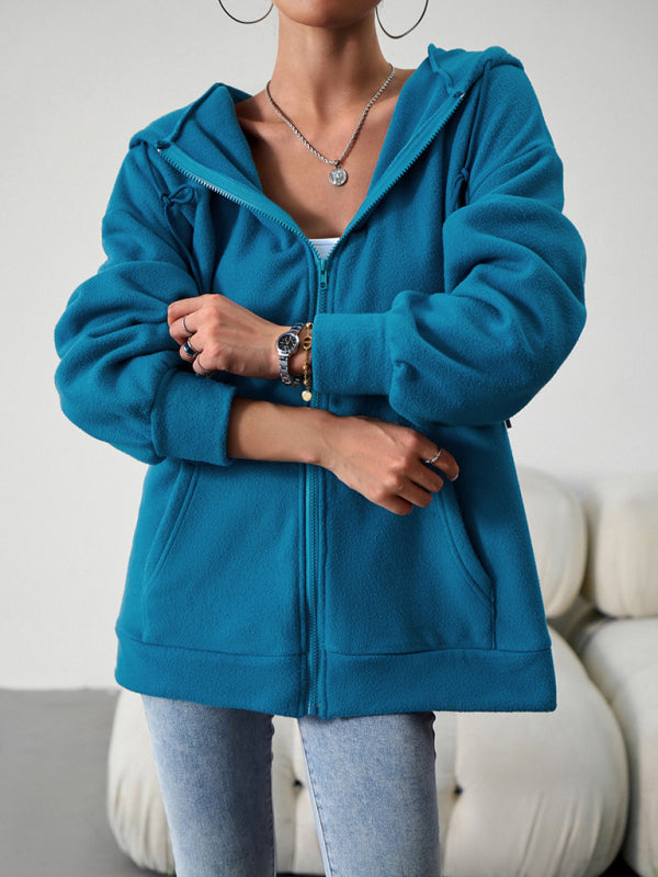 Hoodies- Plush Fleece Kangaroo Pockets Zip-Up Hoodie Jacket- Blue- IndioGear Fashion and Gear