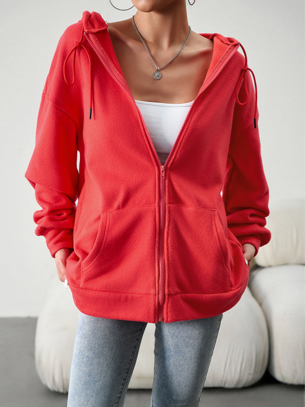 Hoodies- Plush Fleece Kangaroo Pockets Zip-Up Hoodie Jacket- Red- IndioGear Fashion and Gear