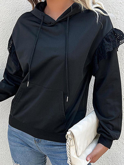 Hoodies- Ruffle Shoulder Hoodie - Sweatshirt with Kangaroo Pockets- - IndioGear Fashion and Gear