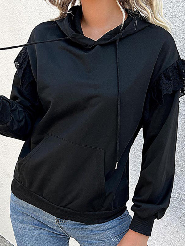 Hoodies- Ruffle Shoulder Hoodie - Sweatshirt with Kangaroo Pockets- Black- IndioGear Fashion and Gear