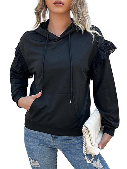 Hoodies- Ruffle Shoulder Hoodie - Sweatshirt with Kangaroo Pockets- - IndioGear Fashion and Gear