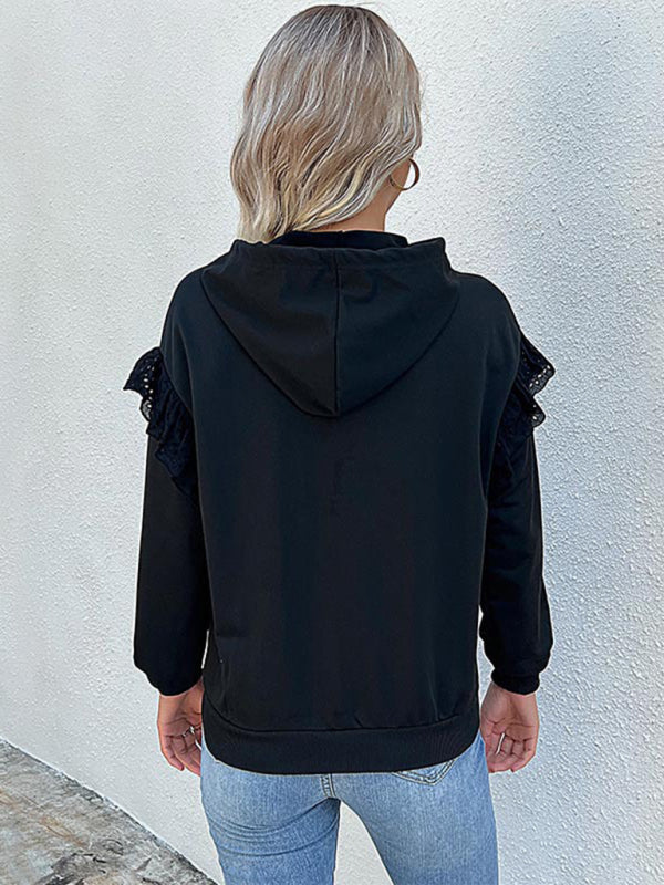 Hoodies- Ruffle Shoulder Hoodie - Sweatshirt with Kangaroo Pockets- - IndioGear Fashion and Gear