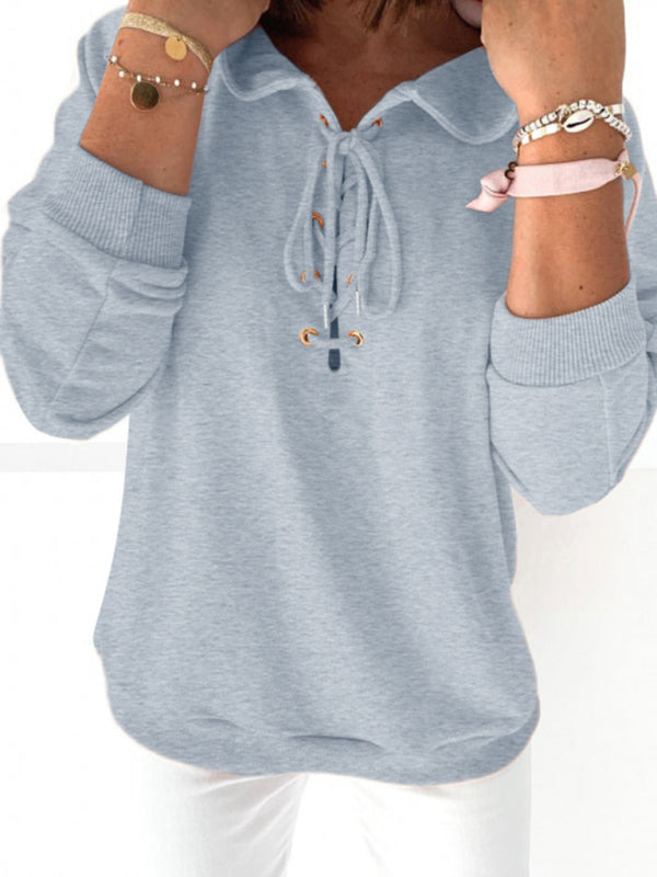 Hoodies- Women Sporty Hooded Pullover - Lace-Up Sweatshirt in Solid Hues- - IndioGear Fashion and Gear