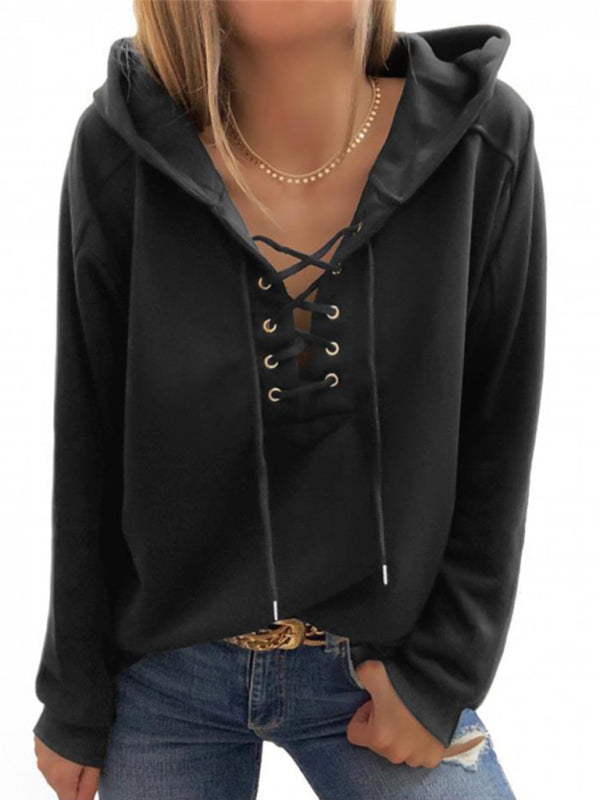 Hoodies- Women Sporty Hooded Pullover - Lace-Up Sweatshirt in Solid Hues- Black- IndioGear Fashion and Gear