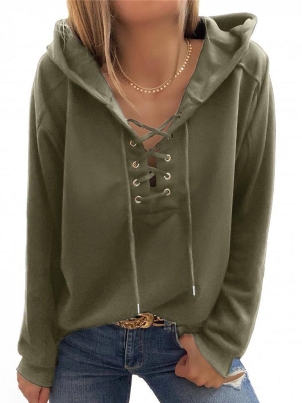 Hoodies- Women Sporty Hooded Pullover - Lace-Up Sweatshirt in Solid Hues- - IndioGear Fashion and Gear