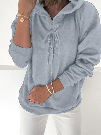 Hoodies- Women Sporty Hooded Pullover - Lace-Up Sweatshirt in Solid Hues- Misty grey- IndioGear Fashion and Gear