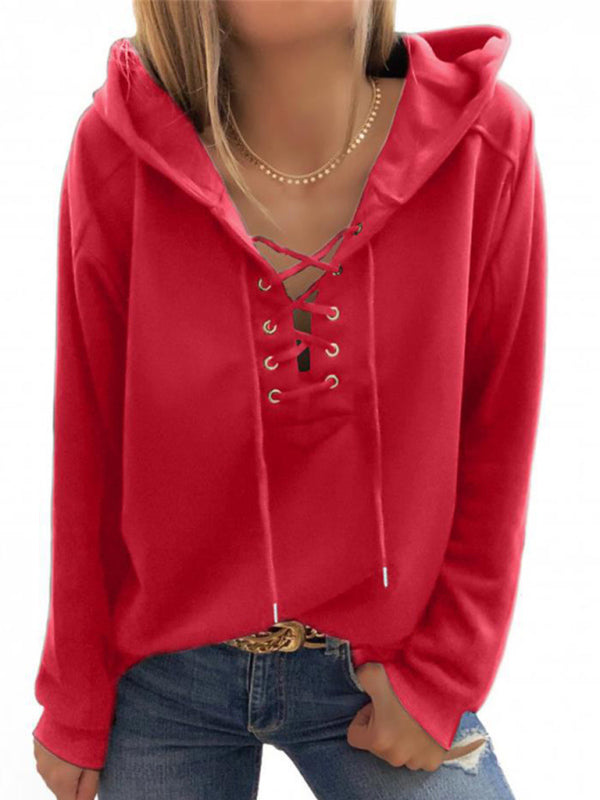 Hoodies- Women Sporty Hooded Pullover - Lace-Up Sweatshirt in Solid Hues- - IndioGear Fashion and Gear