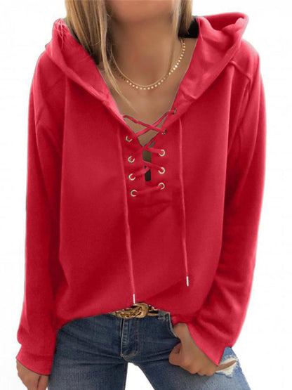 Hoodies- Women Sporty Hooded Pullover - Lace-Up Sweatshirt in Solid Hues- - IndioGear Fashion and Gear