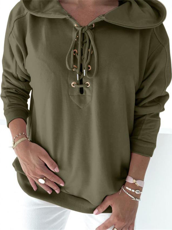 Hoodies- Women Sporty Hooded Pullover - Lace-Up Sweatshirt in Solid Hues- - IndioGear Fashion and Gear