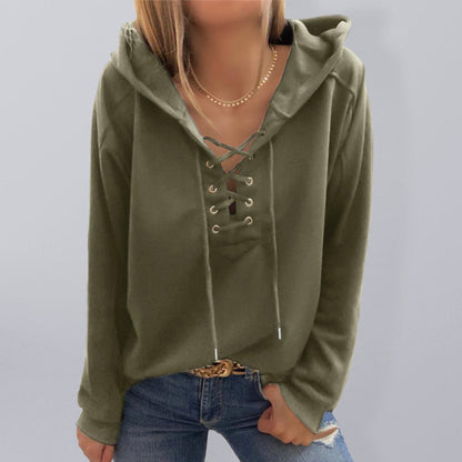 Hoodies- Women Sporty Hooded Pullover - Lace-Up Sweatshirt in Solid Hues- Olive green- IndioGear Fashion and Gear