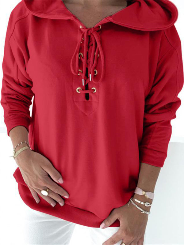 Hoodies- Women Sporty Hooded Pullover - Lace-Up Sweatshirt in Solid Hues- Wine Red- IndioGear Fashion and Gear