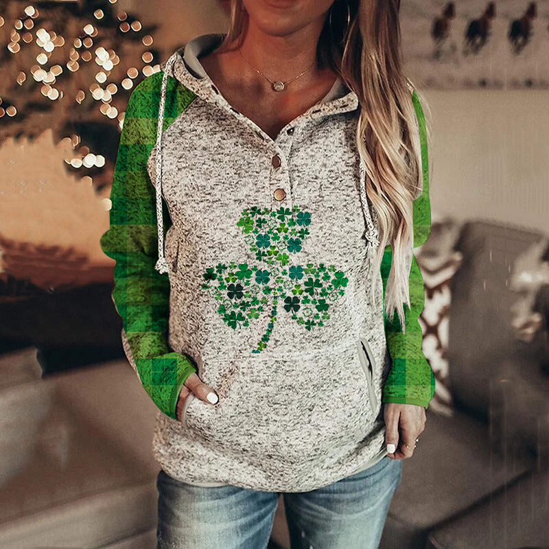 Hoodies- Women's St. Patrick's Day Hooded Sweatshirt with Four-Leaf Clover Print- Pattern1- IndioGear Fashion and Gear