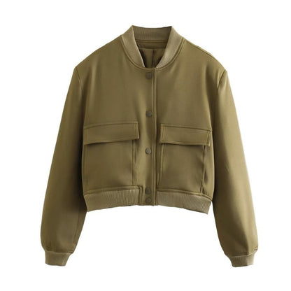 Jackets- Aviator Bomber Jacket: Women's Sport Flap Pockets Cropped Blazer- Green- IndioGear Fashion and Gear