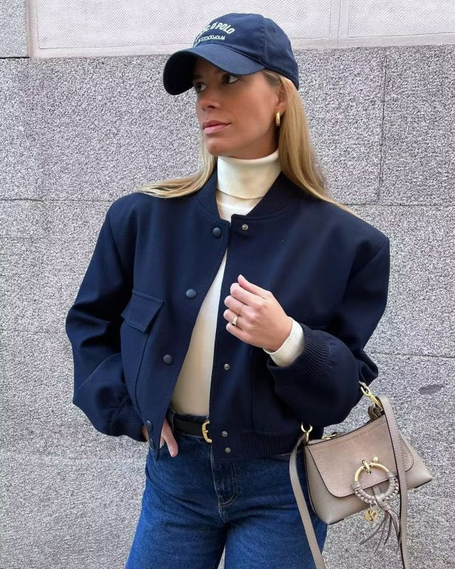 Jackets- Aviator Bomber Jacket: Women's Sport Flap Pockets Cropped Blazer- Blue navy- IndioGear Fashion and Gear