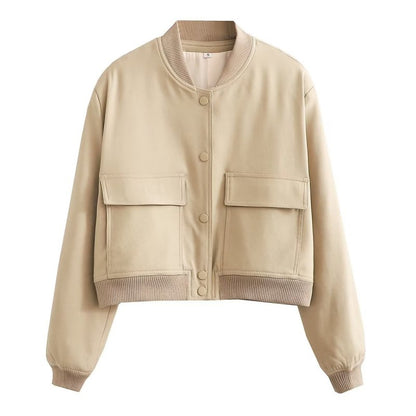 Jackets- Aviator Bomber Jacket: Women's Sport Flap Pockets Cropped Blazer- Beige- IndioGear Fashion and Gear