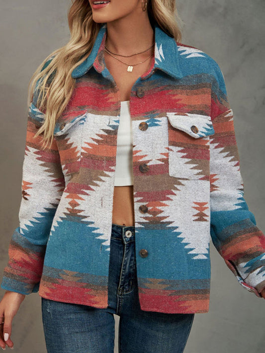 Jackets- Aztec Print Wool Cotton Shirt Jacket - Shacket- Blue- IndioGear Fashion and Gear