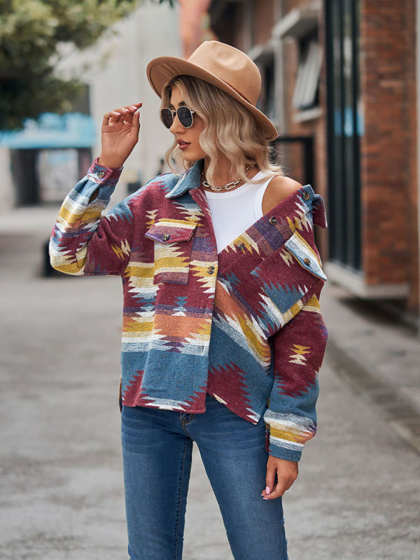 Jackets- Aztec Print Wool Cotton Shirt Jacket - Shacket- - IndioGear Fashion and Gear