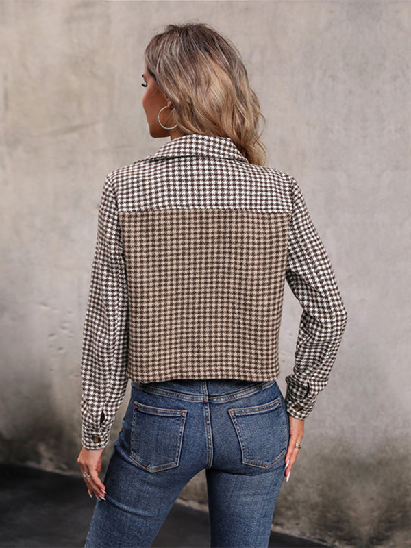 Jackets- Brown Houndstooth Plaid Crop Shirt Jacket- - IndioGear Clothing and Gear